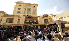 A view shows the new headquarter of the newly-formed Muslim Brotherhood Party during a news conference in Cairo